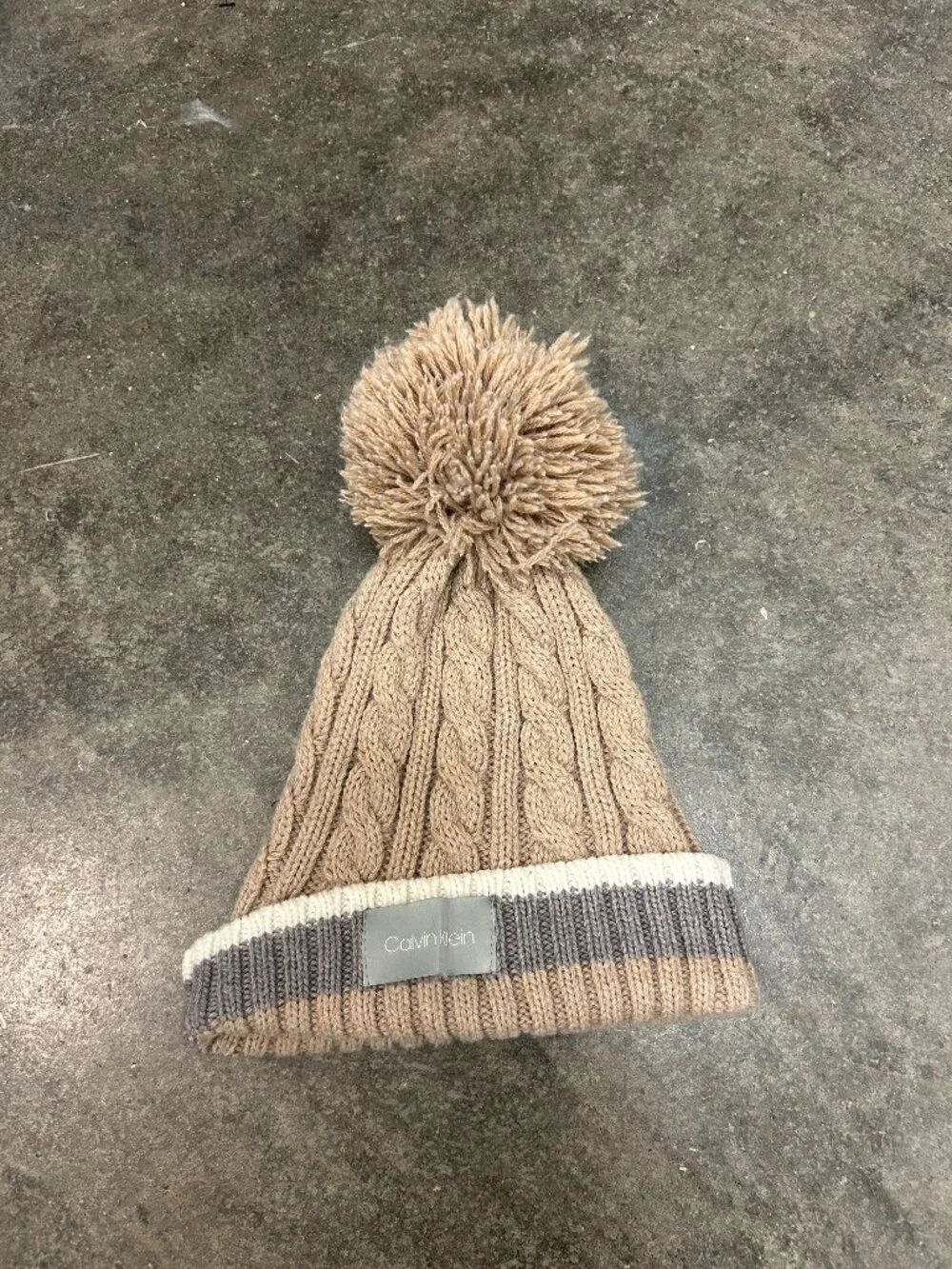 Calvin Klein Tan Knit Pom Pom Beanie Gray White Stripe Foldover One Size Winter